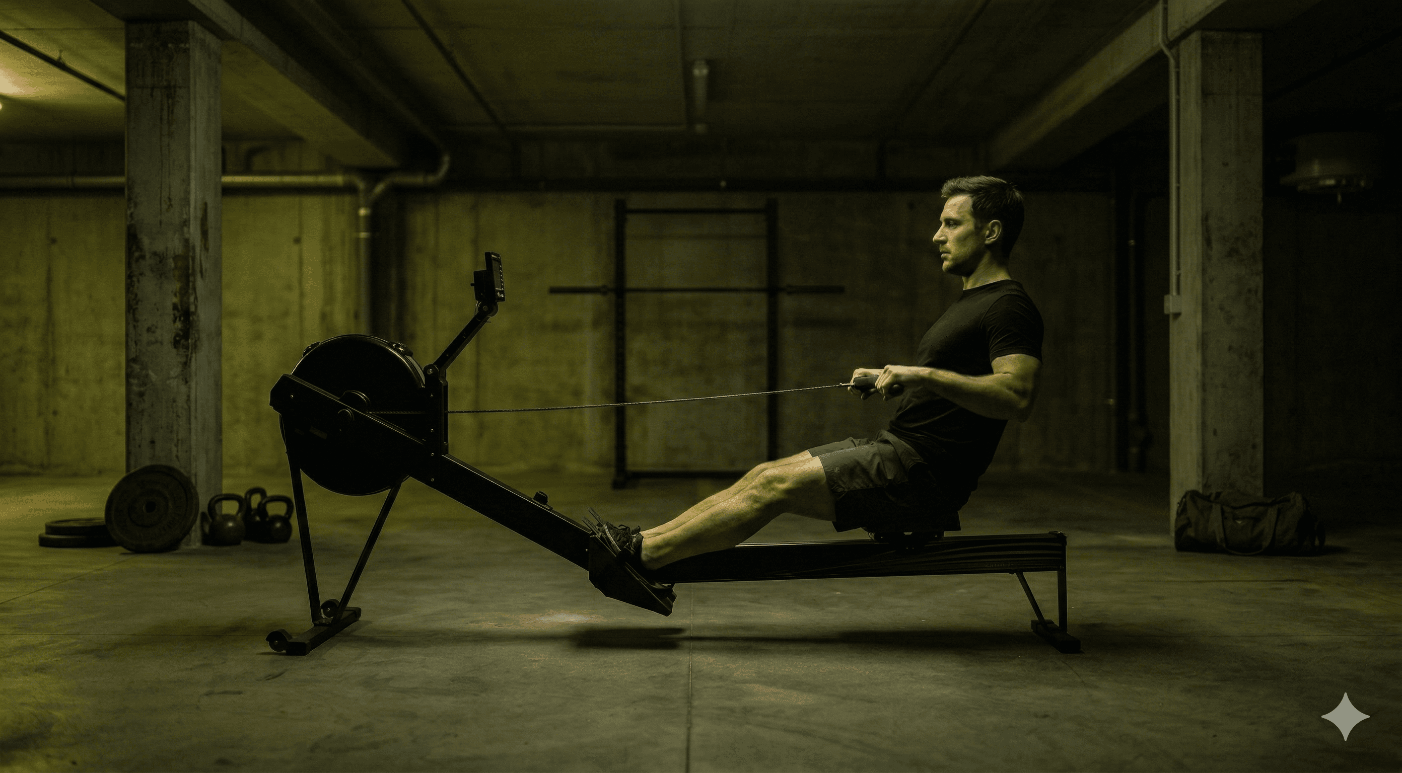 A rower training on a Concept2 ergometer in a dark gym